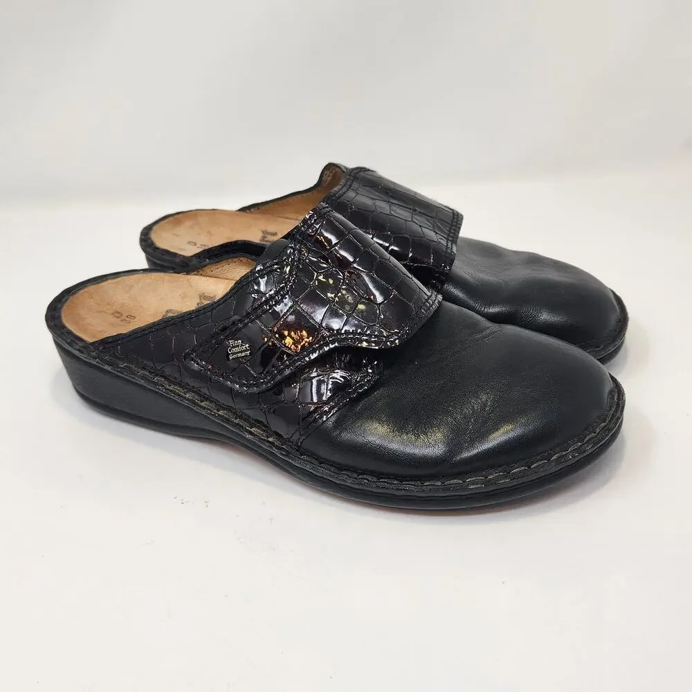 Finn Comfort Aussee Black Brown Croc Leather Mule Clog Women Size 38D US 7.5